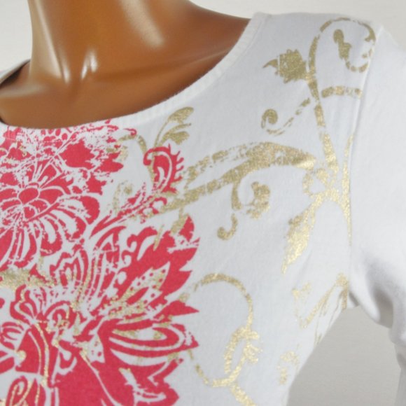 CHICO'S Top M Sz 1 Casual Shirt White/Red/Gold Stretch Cotton Blouse 3/4 Sleeves - Picture 5 of 9